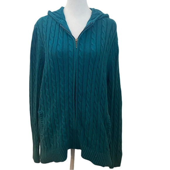 L.L. Bean Teal Cable Knit Hoodie Sweater. Full Zip. Size XL. With Pockets. - Picture 1 of 15